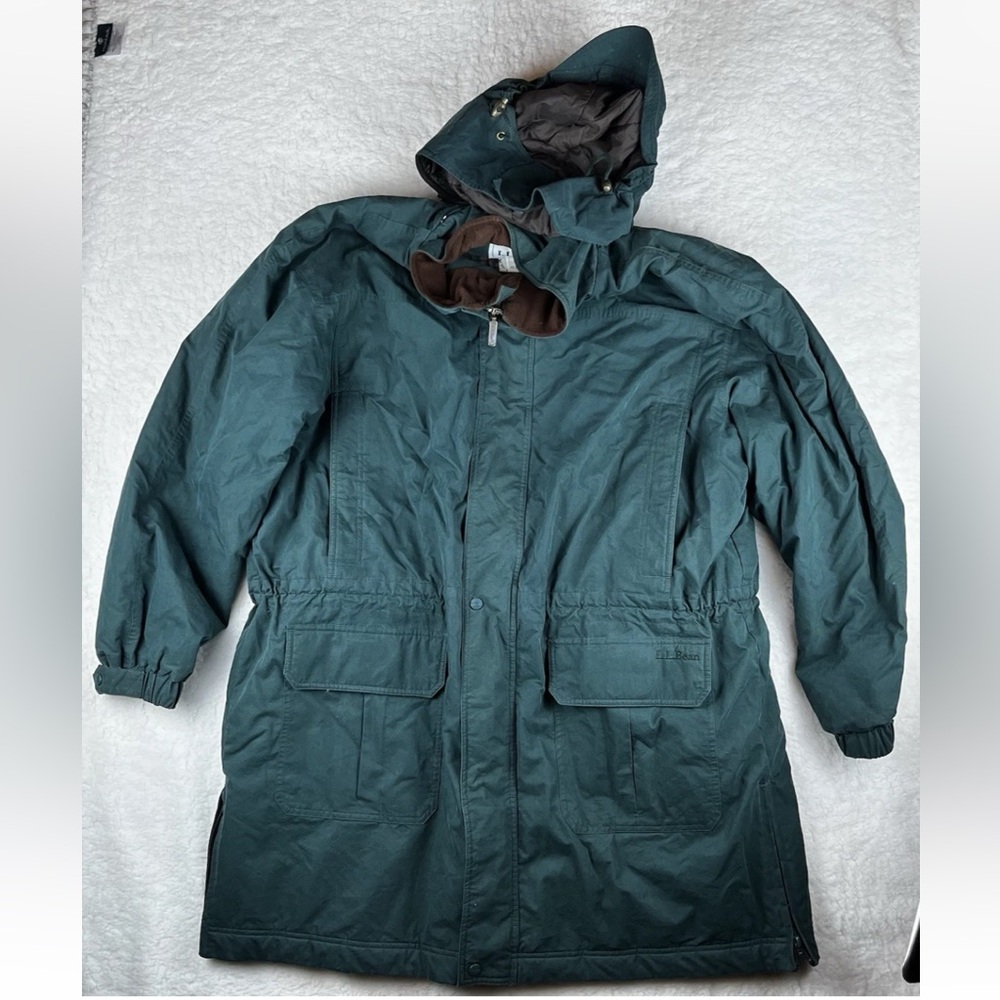 Vintage LL Bean XXL Green Full Zip Jacket Hood Angora Lambswool Line Nylon Shell